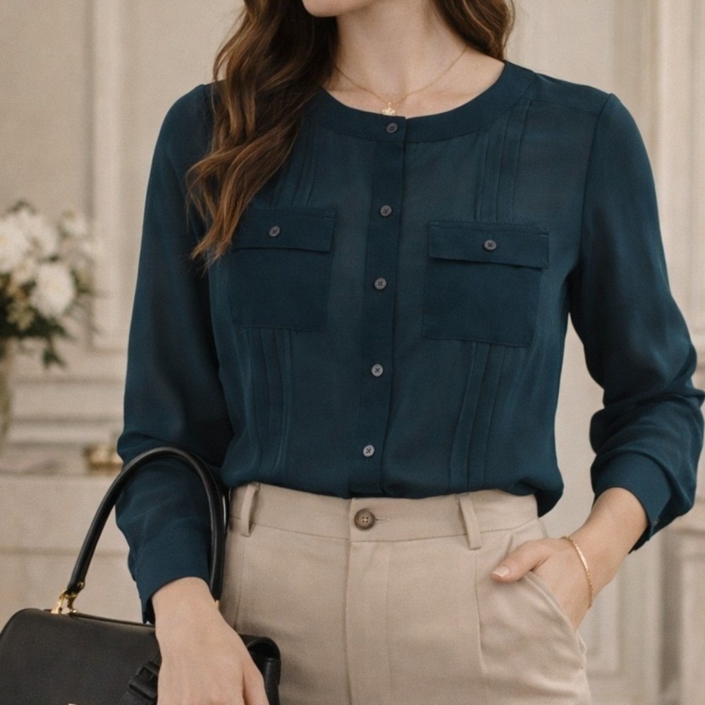 Ann Taylor Petite Teal Sheer Button Front Blouse Modern Minimalist Quiet Luxury